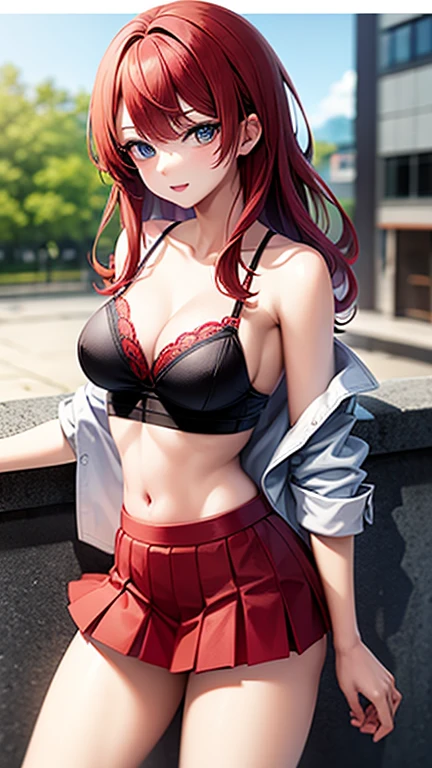 An anime girl with red hair and blue eyes wearing a skirt and an open shirt revealing a black and red bra