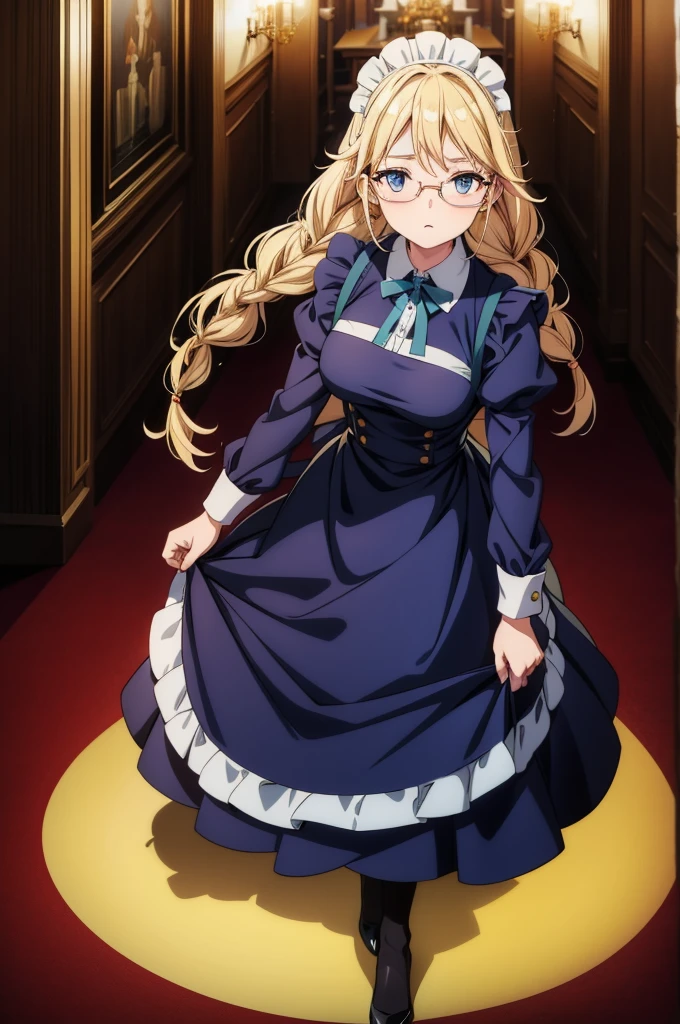 the blond woman stands in a large rectangular shaped room holding a dress, 1girl, solo, blonde hair, pantyhose, long hair, blue eyes, braid, glasses, maid, twin braids, maid headdress, long sleeves, looking at viewer, round eyewear, apron, full body