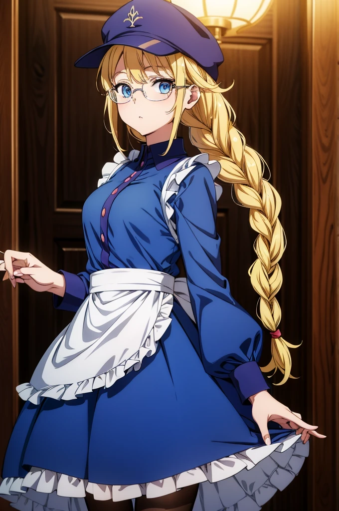 an anime character showing off her hat and blue dress with long hair, 1girl, solo, blonde hair, braid, blue eyes, pantyhose, glasses, twin braids, long hair, dress, hat, apron, looking at viewer