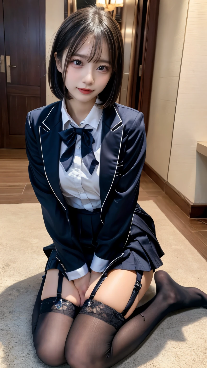 (8K), (Highest quality: 1.2), (Realistic), (Realistic: 1.37), Ultra-high resolution, (1 Girl), cute, Serious face, Mouth closed, Beautiful details, Beautiful Nose, Wet Hair, Giant Dulcefo, pork,University Uniforms,A simple blazer,Pleated skirt,(The skirt and tie are tartan checked.....:1.3),(Sitting:1), Sit on the ground,(Hug my feet:1), (Blue Pantyhose:1.2),from the front
