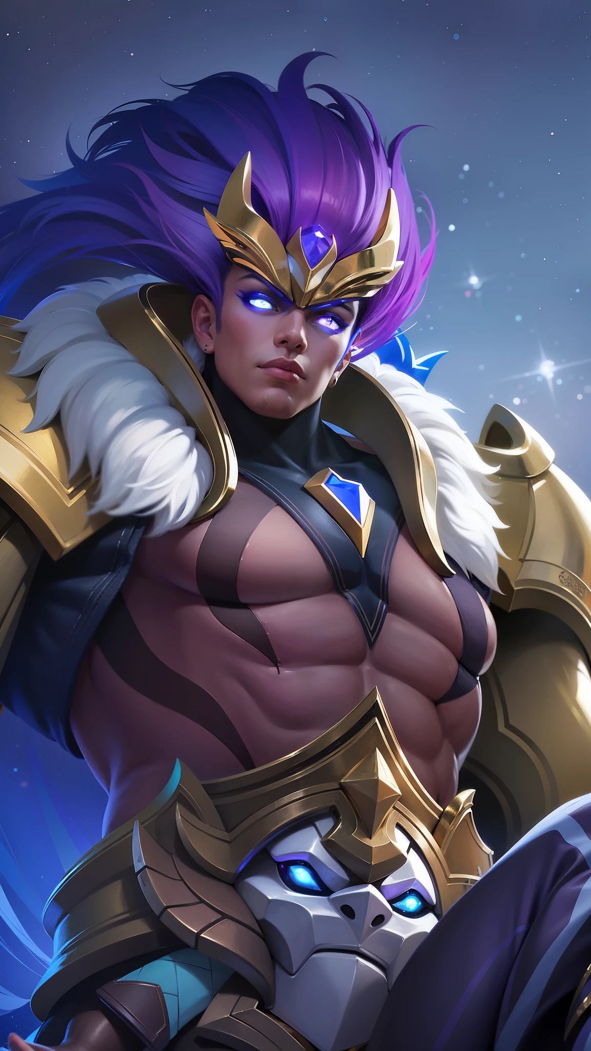 a close up of a male with a purple hair and a gold outfit, Best quality, masterpiece, detailed skin texture, detailed clothes texture, detailed face, super detailed, 8k, intricate detail, The color doesn't change, Muscle guy, 1 male, angry.