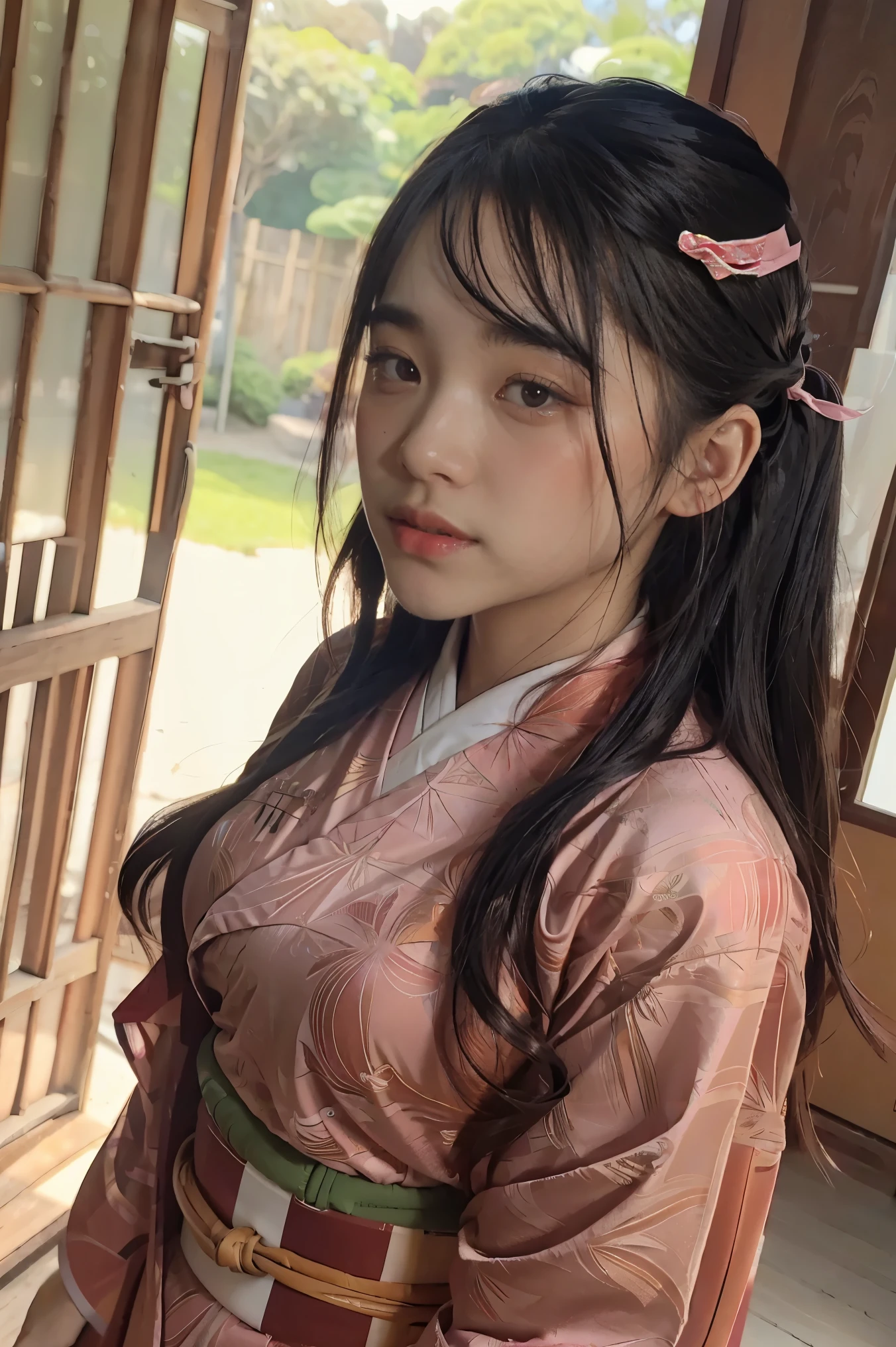 Masterpiece, Best Quality, High Resolution, Venus1, 1Girl, Solo, Tsuko Kamato, Bamboo, ((Gag)), Hair (brown), Plaid Belt, Gag, Gag, Gradient Hair, Hair Ribbon, Haori, Japanese Clothing, ((Black Kimono:1.2)), Very Short Kimono, big , Long Hair, Looking at the Audience, Multicolored Hair, Pink Eyes, Very Short Pink Kimono, Black Outer, Pink Ribbon, Ribbon, Solo, (((Masterpiece)), Forehead, standing posing, bamboo background, Cute puffing cheeks,  seducing, Eyes wide, slim waist, sexy posing, slim tight,