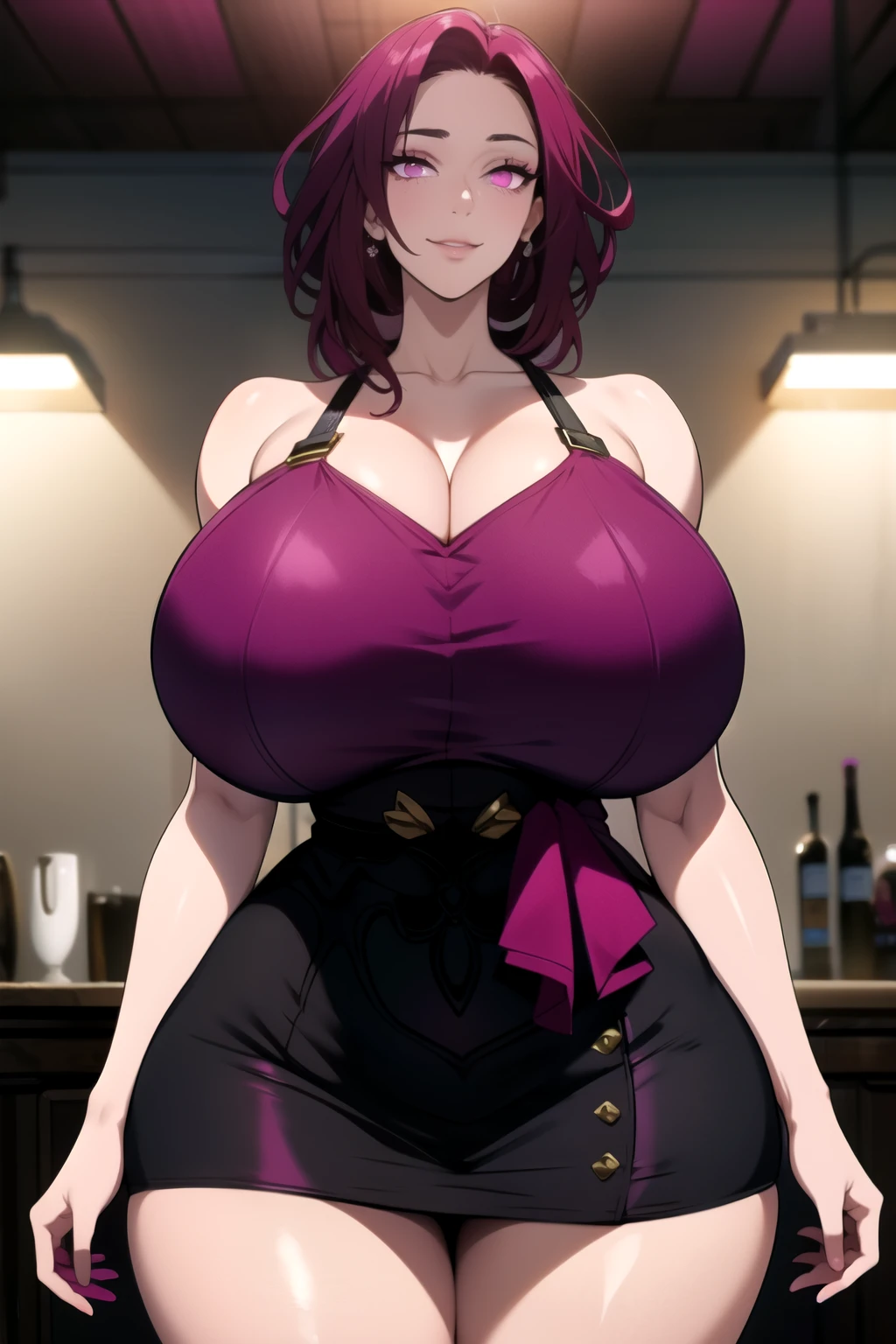 masterpiece, best quality, absurdres, 8k, perfect shadows,perfect lighting,hdr, cowboy shot,shiny skin,skindentation, beautiful body, kafka, ((magenta hair: 1.4)), long hair, purple eyes,  ((minidress:1.1) , complex detailed background, inside, luxury palace) (gigantic breasts,hourglass body, thin waist,very slim waist)extremely detailed face,detailed eye makeup, detail face, nice detailed eyes,nice hands, perfect hands (realistic pupils,realistic iris:1) heavy eye makeup,,standing,standing at attention,(seductive smile), (gigantic breasts: 1.4), curvy