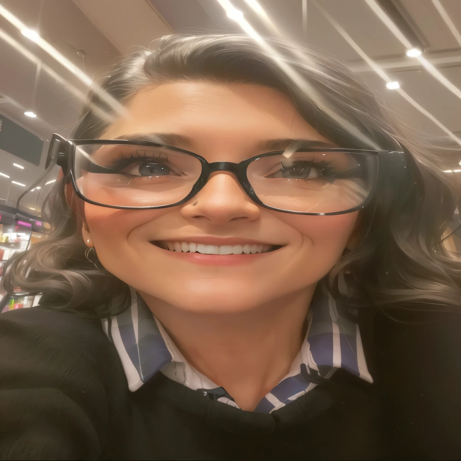 smiling woman with glasses and a black sweater in a store, imagem de perfil, Foto do perfil, parecendo muito bobo, taken at the beginning of 2020, por Lari Pittman, por Jeka Kemp, por Kathleen Scott, Lynn Varley, headshot Foto do perfil, por Josh Bayer, by Virginia Lee Burton, 5 5 eles, por Lynn Pauley
