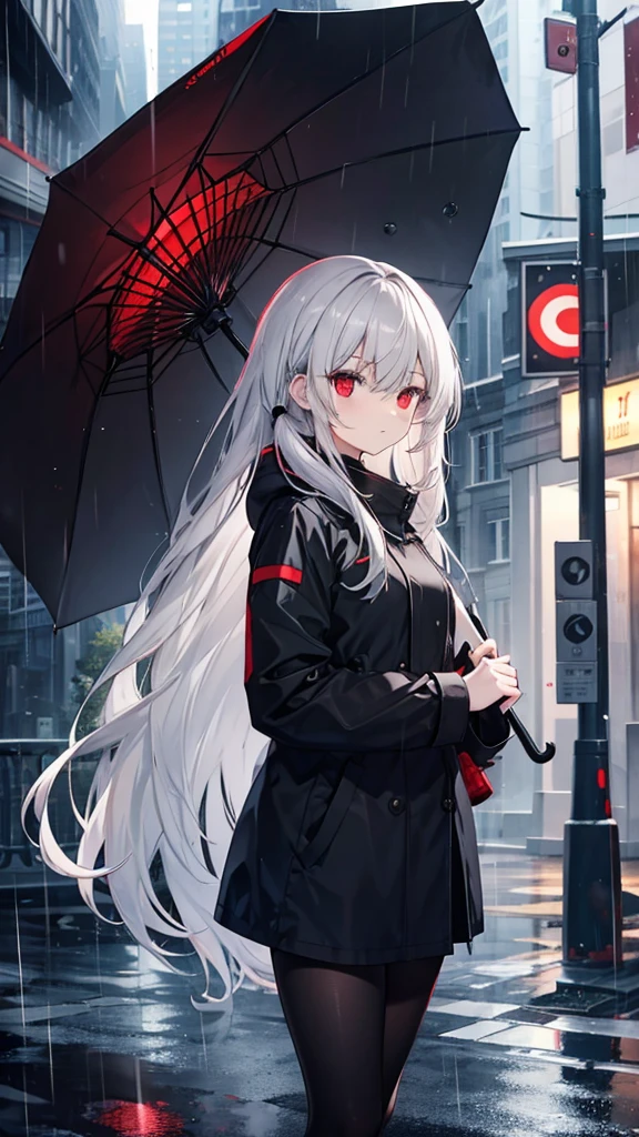 Gray Hair　Red Eye　Long Hair　Lori　black tights　slender　Town　outside　rain　uniform　Vinyl umbrella