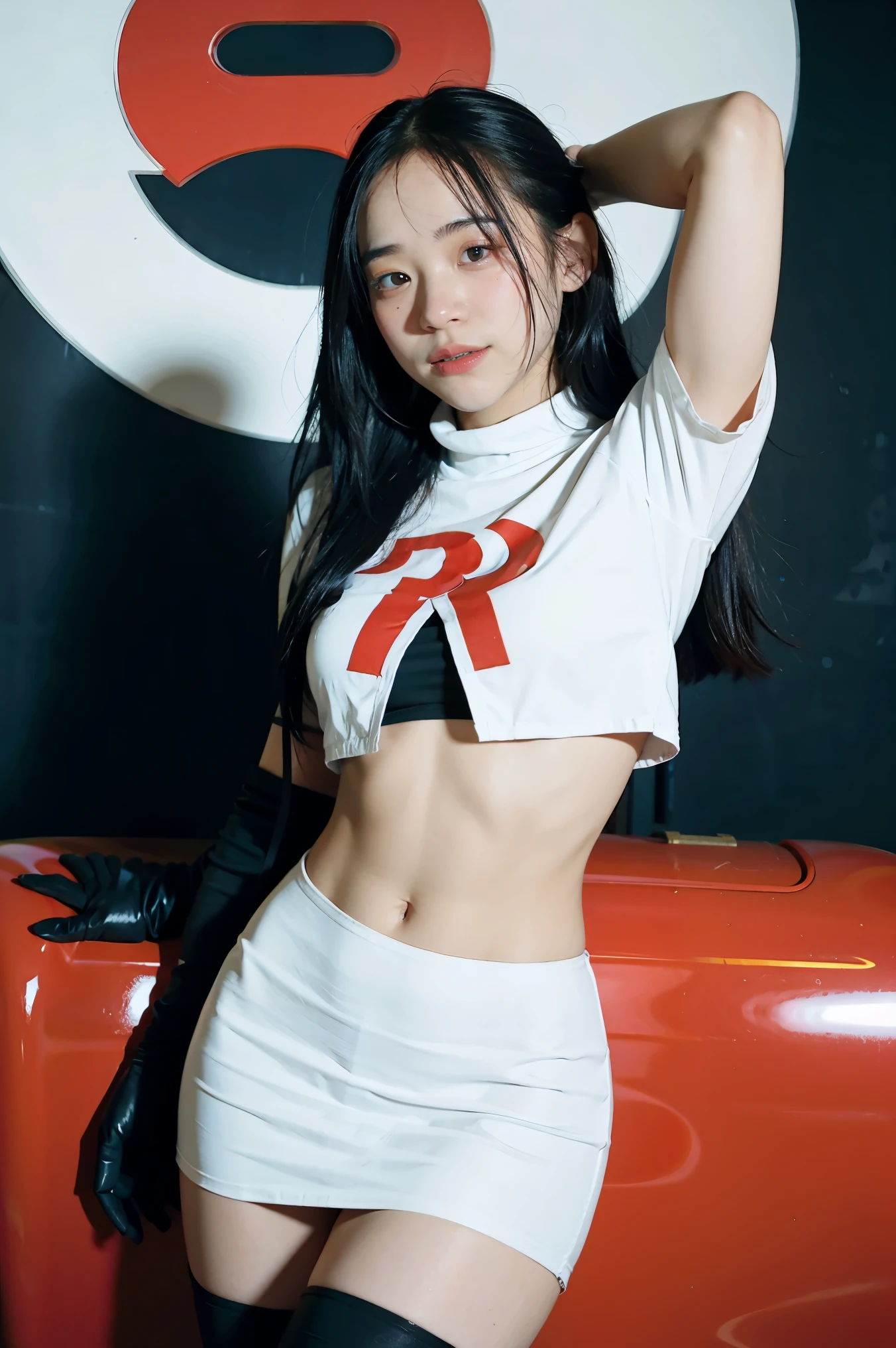 brandygordon, team rocket,team rocket uniform, red letter R, white skirt,white crop top,black thigh-highs, black elbow gloves,
