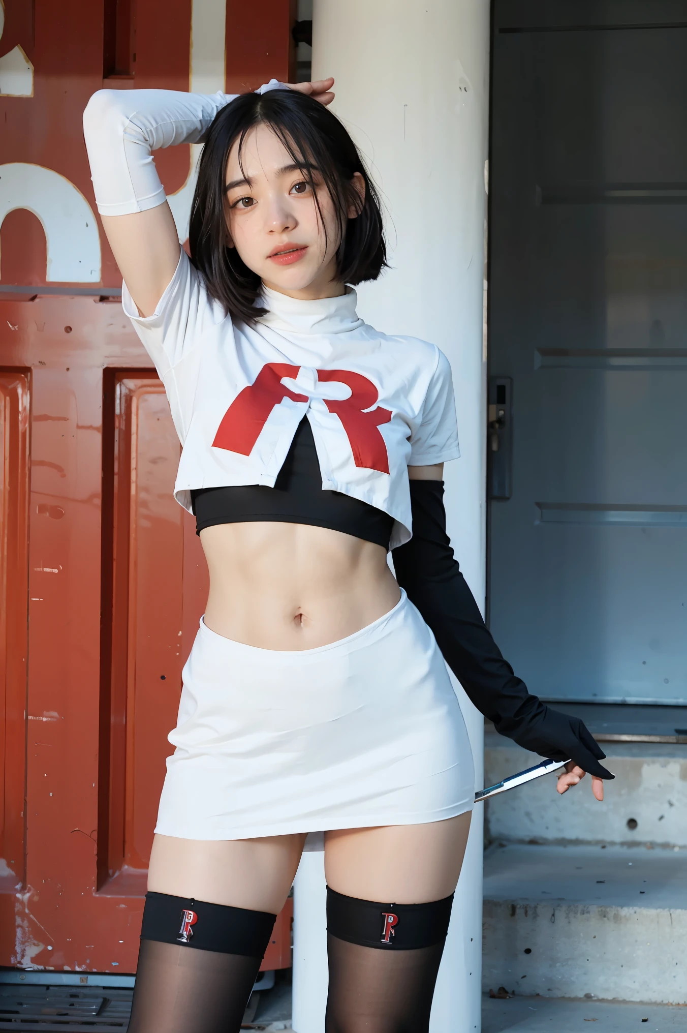 brandygordon, team rocket,team rocket uniform, red letter R, white skirt,white crop top,black thigh-highs, black elbow gloves,