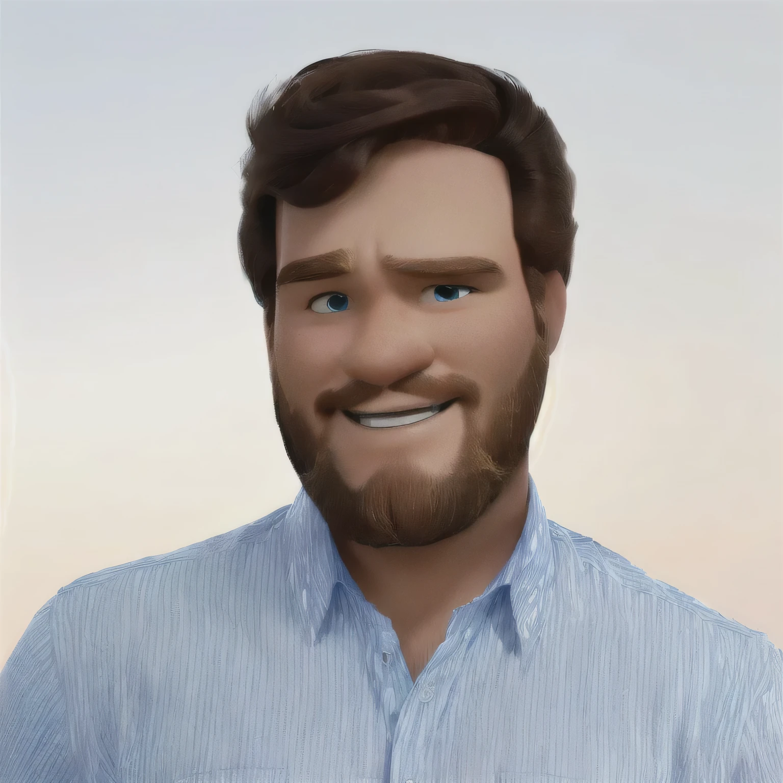 Recrie essa imagem de um homem branco de cabelos e barba ruiva, com uma camisa social azul, utilizando um estilo de arte e design igual ao da disney pixar