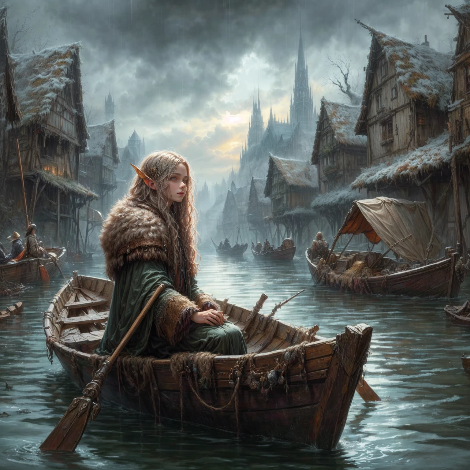 Painting of a man in a boat on a river with a city in the background, von Kerembeyit, Kerem-Couplet, symmetrische epische Fantasy-Kunst, hyperrealistisches d & d Fantasiekunst, highly detailed Fantasiekunst, realistische Fantasy-Malerei, mittelalterliche Fantasy-Kunst, detailed Fantasiekunst, hyperrealistische Fantasy-Kunst, Realistisches Fantasy-Kunstwerk, Tyler Edlin Fantasiekunst