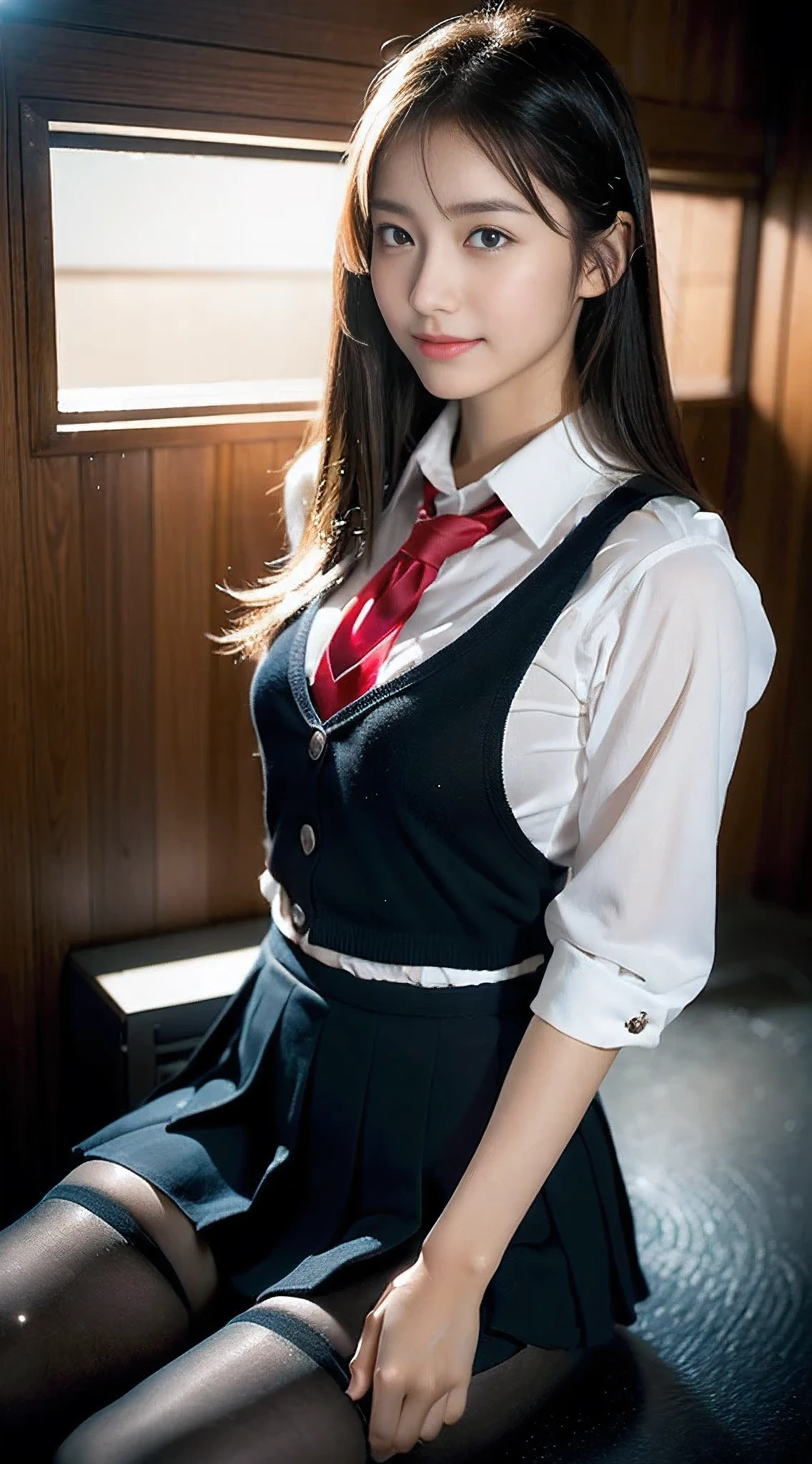 (((32ｋ,high detal,high-detail、​masterpiece,Attention to detail,full body Esbian,solo))),Raw photo & realistic atmosphere,beautiful dark blue eyes,Detailed mouth,Glossy lips,Detailed eyebrows,Eyes drawn in detail with soft white skin that shines in every detail、azure eyes,Very beautiful eyes,Detailed lips、Very beautiful face,Very well-formed face、Lifelike face,shiny beautiful lips, Realistic Young Gravure Idol, very beautiful school girl, , Young Sensual Gravure Idol, Young Gravure Idol, Beautiful and cute mature１6 year old ,the whole body is wet,dripped out,with a flushed face,Incredibly beautiful, sexy and classy１6-year-old girl,semi-long brown shiny hair,Hair is wet,Dripping water,dripping,(Looking at the camera：1.4）,（darkness,Very dark,Use a flashlight to illuminate a subject in a pitch-black classroom with no light：1.7）,（A sexy,Healthy toned body,High Detail Hi-Vision Hi-Vision Japan HDTVblackHDTVhi-VisionBlack Hi-VisionBlack Hi-Definition Hi-VisionBlack Hi-Definition Hi-Definition Uniform,medium shapely breasts,,Mature body, I'm anxious and about to cry,Moist eyes,cold smile,glareing,The glaring face is also beautiful,High-resolution arm,,high-definition fingers,：1.5）,（The chest of the uniform is open,Sitting upright in black and red classy high school girl uniform wearing black pantyhose and sexy legs and lifting skirt in shame：1.7）