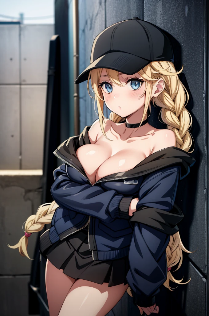 a cartoon female in a black jacket and a hat standing in an alley, 1girl, breasts, blue eyes, solo, blonde hair, hat, cleavage, twin braids, braid, collarbone, looking at viewer, large breasts, off shoulder, black headwear, blush, long hair, jacket, baseball cap, skirt, black skirt