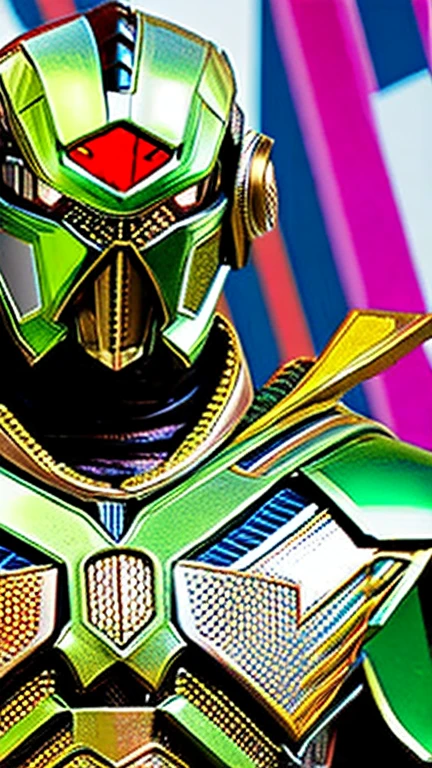 Kamen Rider is a Japanese special effects hero who wears a full-face cyber helmet and highly mobile armor.(The eyes are round and dragonfly-like.)An image of a cyborg standing in the center of the screen
