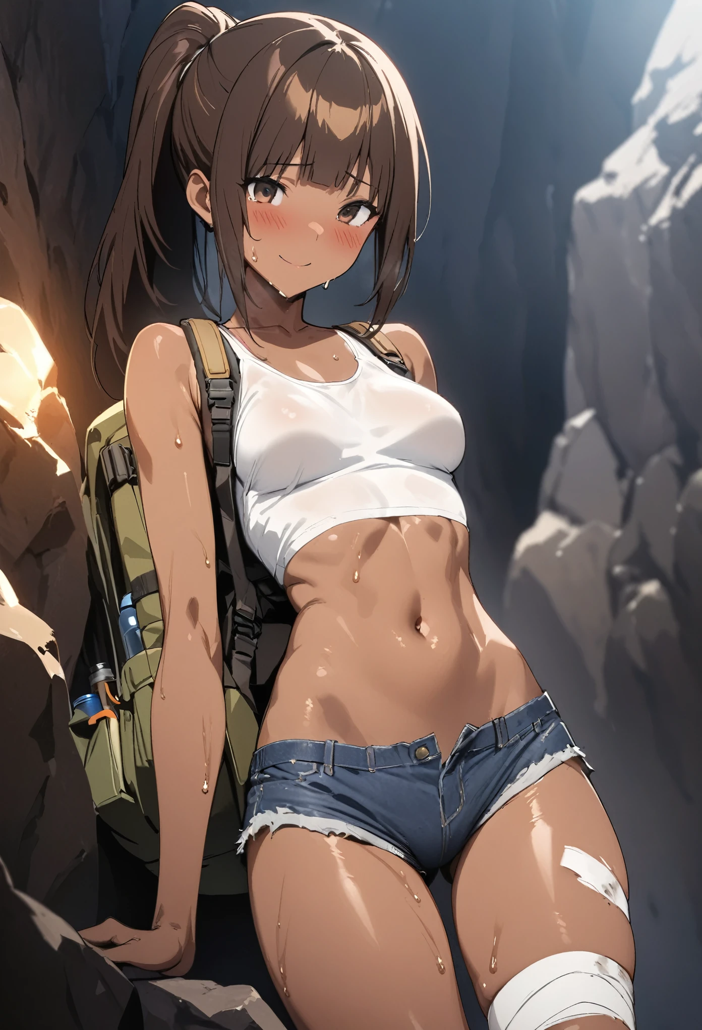 ((masterpiece, highest quality:1.2)),after rape,1woman,20 year old beauty,Explorer,.solo,((very small head)),(tan skin),brown hair,ponytail hair,brown eyes,blunt,((very long and slender body)),toned body,skinny,medium breasts,shiny skin,oily skin,sweat,blush,smile,White tank top、Crop top、navel、denim micro mini shorts、Bandage on thigh、rucksack、Mountaineering equipment、In a dark cave、Rocky area、lanthanum、