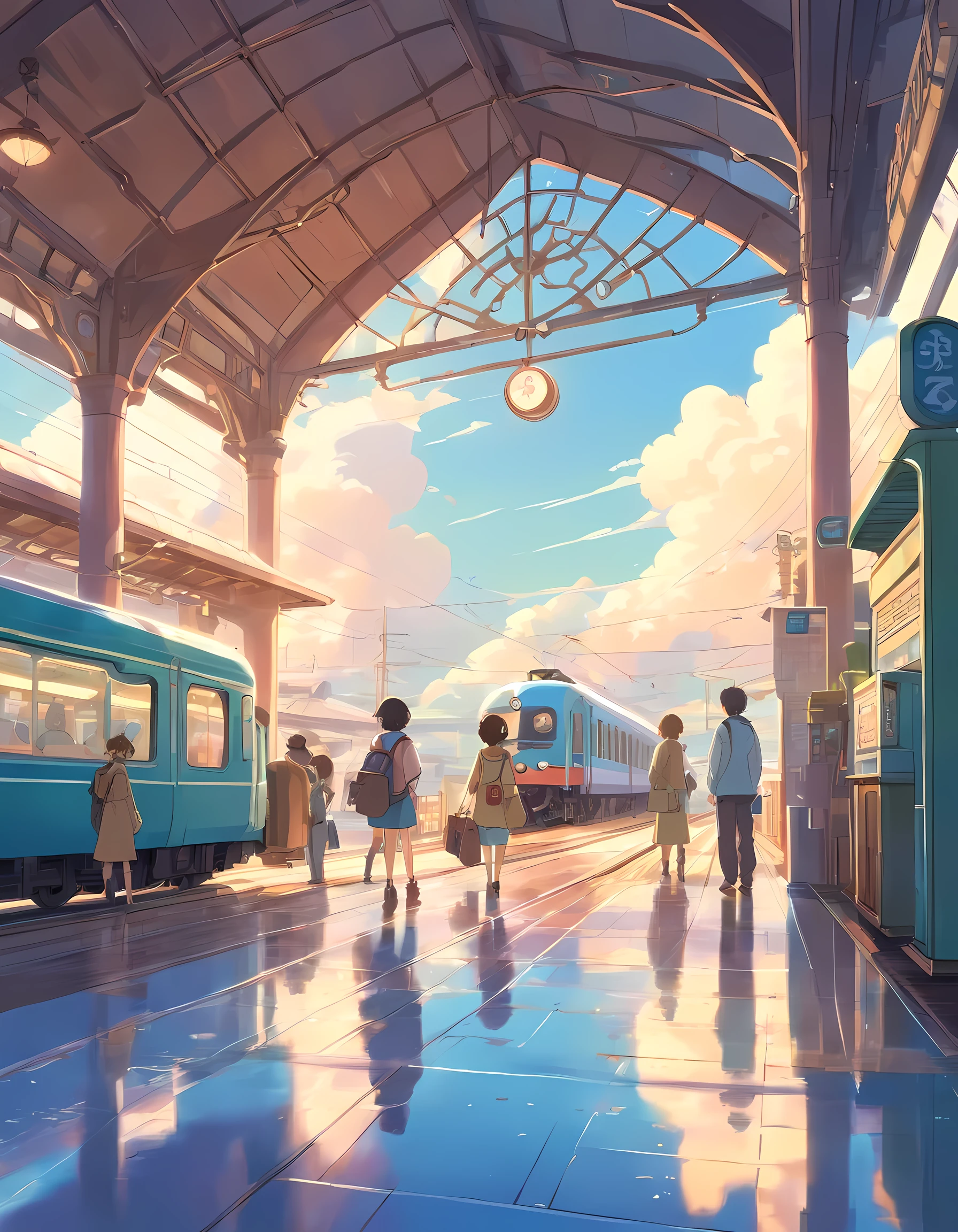 Train Station by Makoto Shinkai and Makoto Niitsu style, best quality, masterpiece, Representative work, official art, Professional, Ultra intricate detailed, 8k