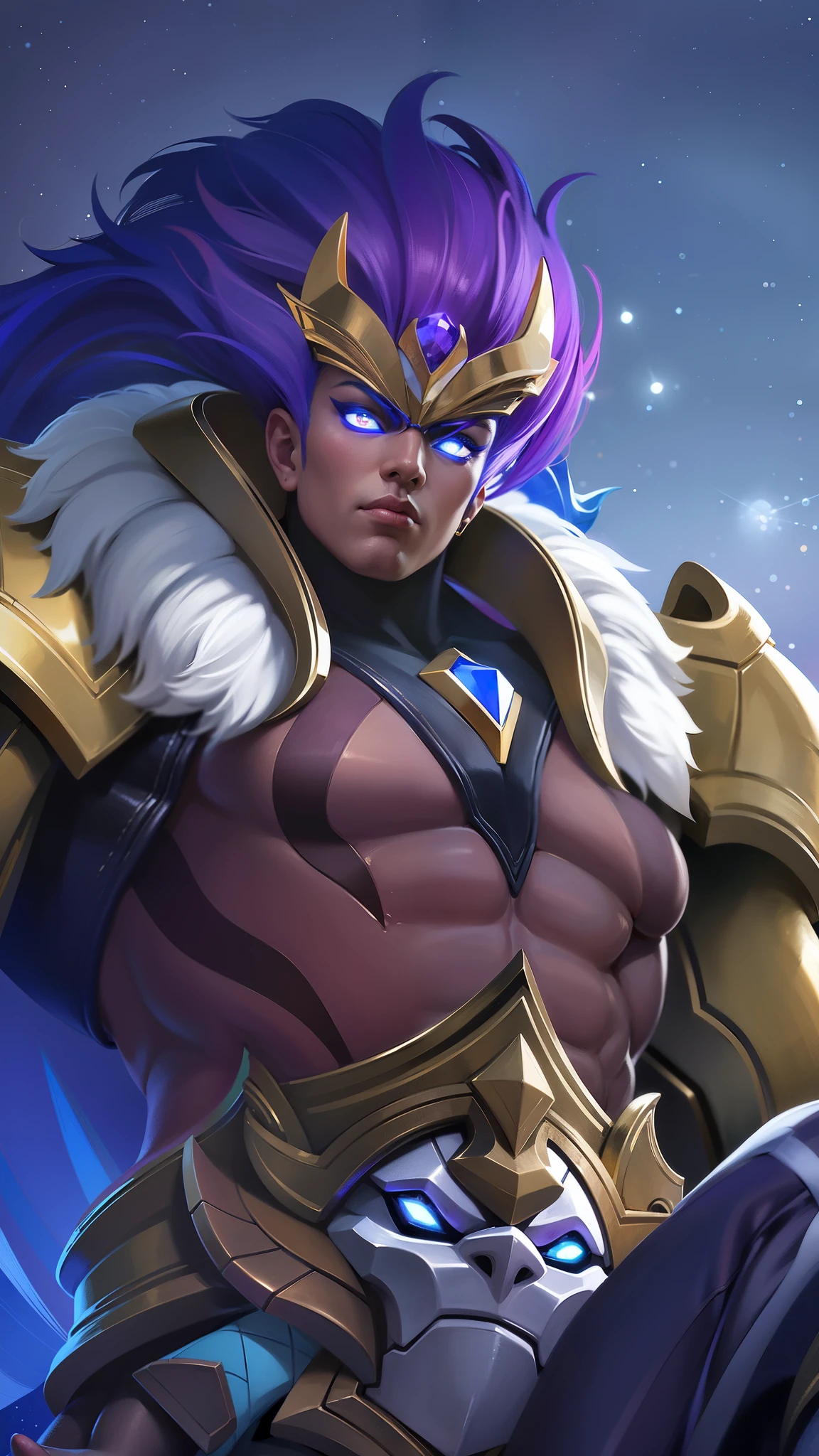 a close up of a male with a purple hair and a gold outfit, Best quality, masterpiece, detailed skin texture, detailed clothes texture, detailed face, super detailed, 8k, intricate detail, The color doesn't change, Muscle guy, 1 male, angry.