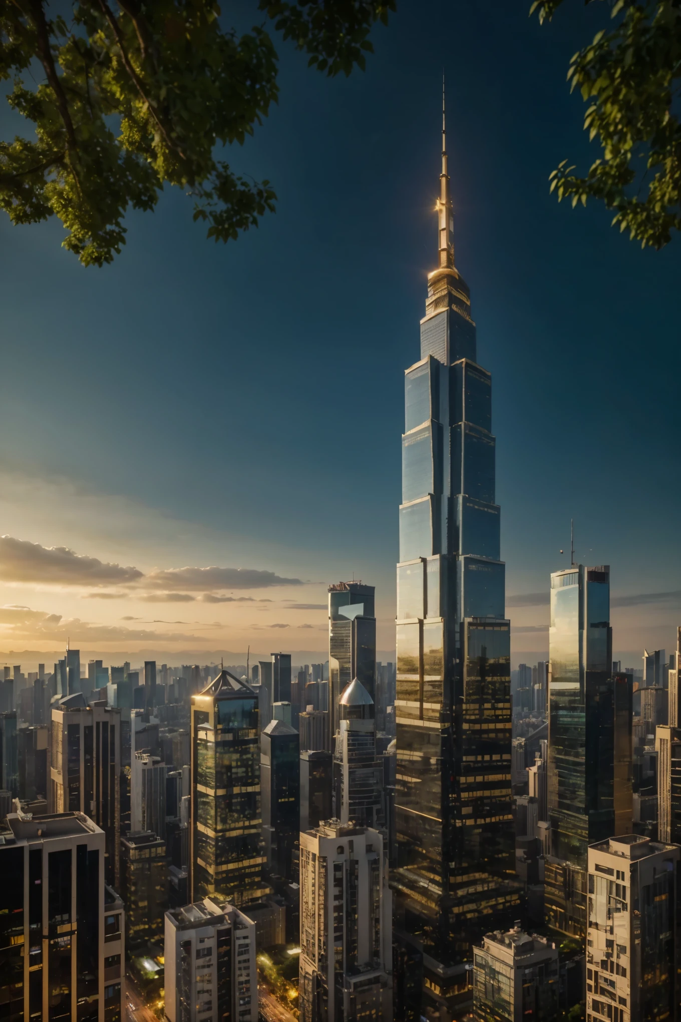 Photo of a metropolitan cityscape, combining the iconic high-rise buildings: Skytree Chengdu Greenland 468, Hangzhou Wangchao Center, Beijing Lize Soho, New York Chrysler Building, and Seattle's TV Tower. This city, named NeoCosmopolis, looks extremely prosperous, highlighted by a myriad of towering skyscrapers that serve as its landmark buildings. The coastline, perhaps the West Lake or the Pacific Ocean, provides a beautiful contrast to the urban metropolis.

(Best quality, Ultra-detailed, Golden ratio, Masterpiece: 1.2)
The cityscape is