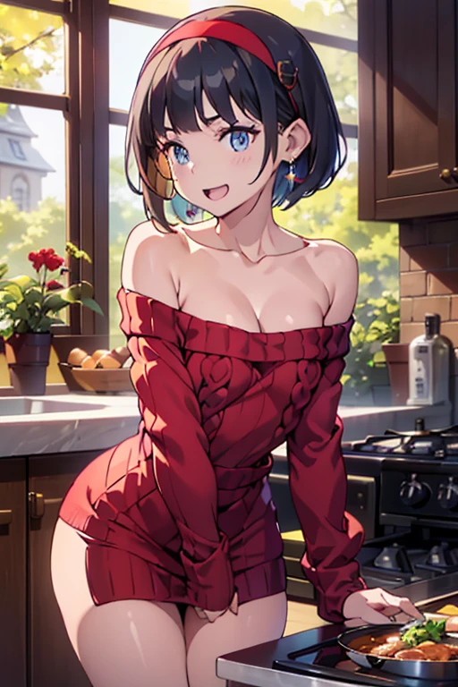 (dynamic angle:1.3, front view:1.1, breast focus:1.3, from below:1.2), (dynamic posing:1.5, sexy posing:1.3, leaning forward), (seductive smiling:1.3),masterpiece, a girl, (pointed chest:1.3), cleavage:1.1,(double breasted:1.2,under bust:1.2), Amazing Cleavage:1.3, thin waist, cute ass, Raised sexy, (small breast: 1.3),posed cleavage:1.2、solo, looking at viewer, open mouth, have a grass of beergrass,black hair, blue eyes, bare shoulders, jewelry, collarbone, sidelocks, hairband, earrings, indoors, (red off shoulder,long sweater dress:1.4), arms behind back, short hair with long locks, blue white hairband, big side hair, very long side hair is rendered in (masterpiece: 1.2, best quality), with (ultra high resolution) and an exquisite (depth of field). This masterpiece is not only visually stunning but also tells,A scene of cooking in the kitchen