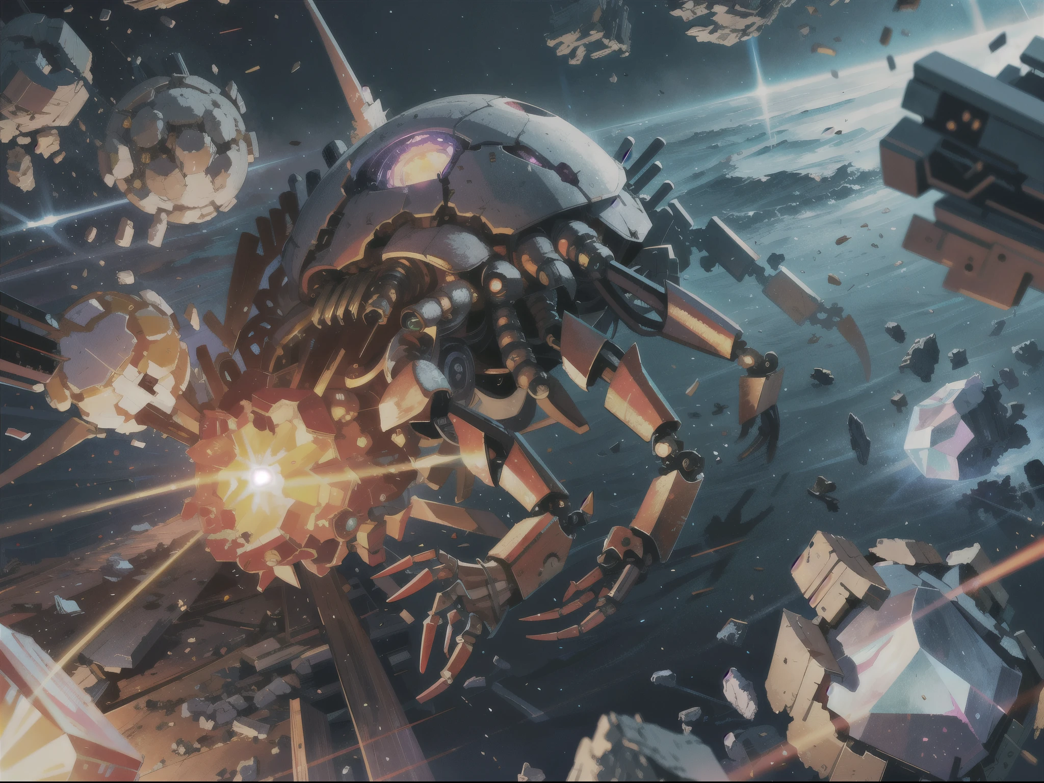 HD clear, best images, illustrations, super detailed, a mechanical crab, hit by a laser cannon, broken wreckage, in the wreckage there is a crystal that emits white light