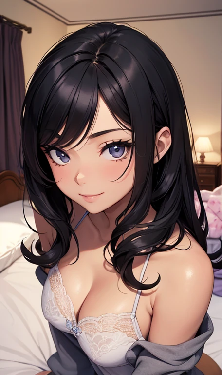 masterpiece, best quality, 32k, incredibly absurdres, extremely detailed, delicate texture, beauty, 1 woman, wholesome girl, 21 years old, perfect anatomy, black hair, honey skin color, pretty eyes, black middle hair, pijama, sleepover vibes, room background, in bed, pretty smile, eyes smiling,