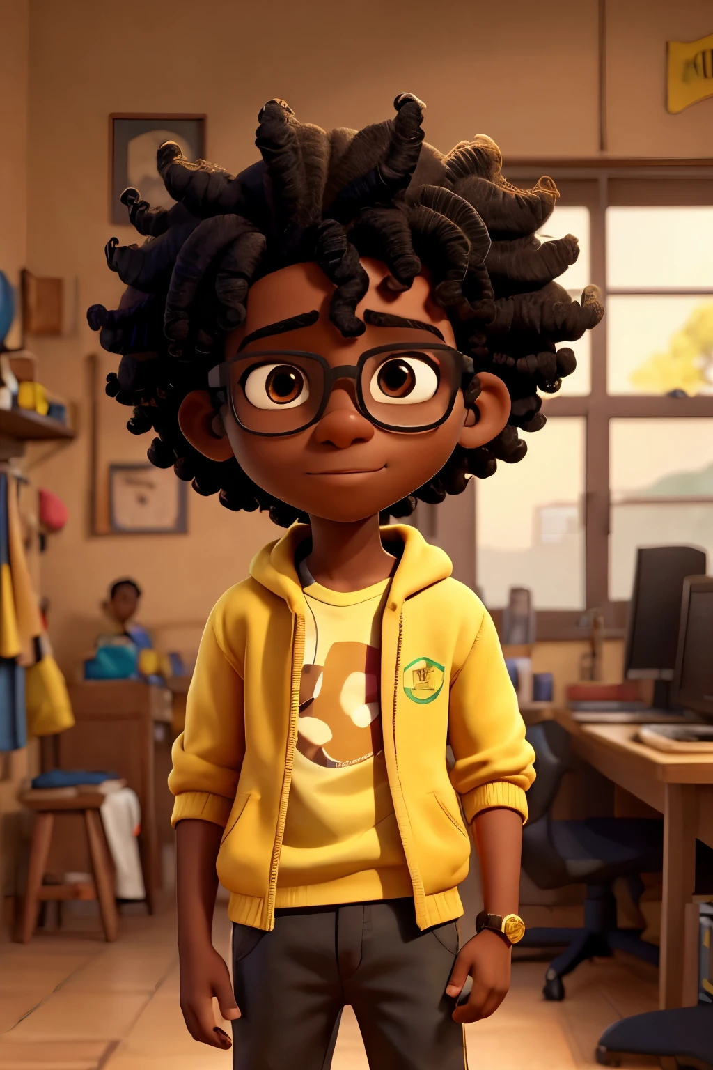 The young black afro boy wearing normal clothes like a yellow sweatshirt And wearing glasses and short curly hair behind him writing emancipation of young people He lives in Brazil
Em baixo dele inscrito independência do Felipe