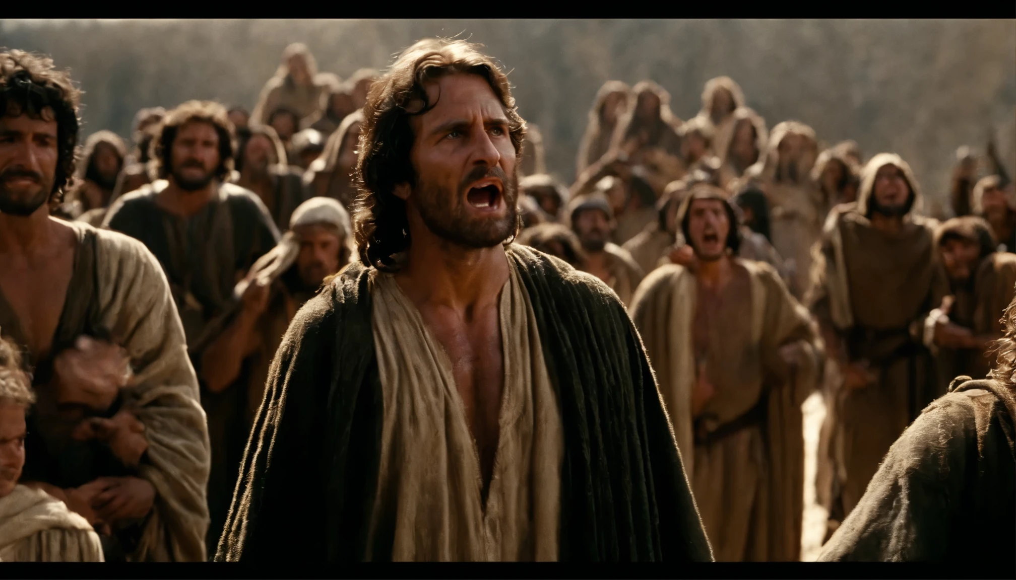 a group of crowd of men with their mouths open, biblical epic film, he is screaming, epic biblical representation, gritando em agonia, captura de tela do filme, na captura de tela do filme 300, he has a devastated expression, by René Auberjonois, Jesus wasted on a , cena do filme live-action, Jesus of Nazareth
