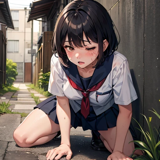 An earnest-looking male student is fighting to protect her. Short-cut, dark-haired, sweaty, scarred, and cute Japanese high school girl fighter. She is lying in an alleyway. She is gasping for breath with one eye closed. Tiny breasts. Torn student uniform. 