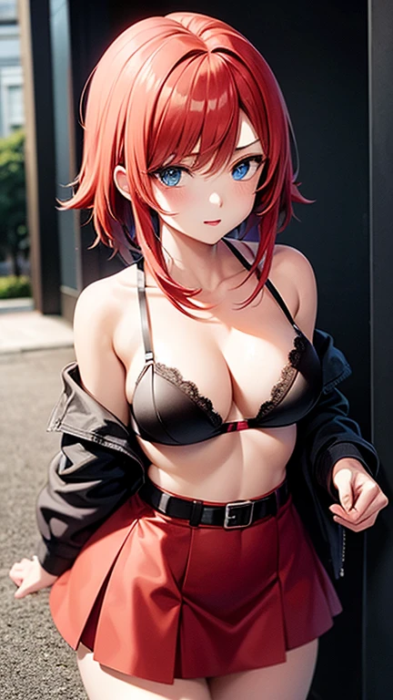 An anime girl with red hair and blue eyes wearing a skirt and an open shirt revealing a black and red bra