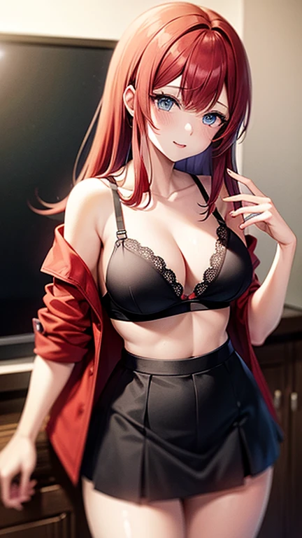 An anime girl with red hair and blue eyes wearing a skirt and an open shirt revealing a black and red bra