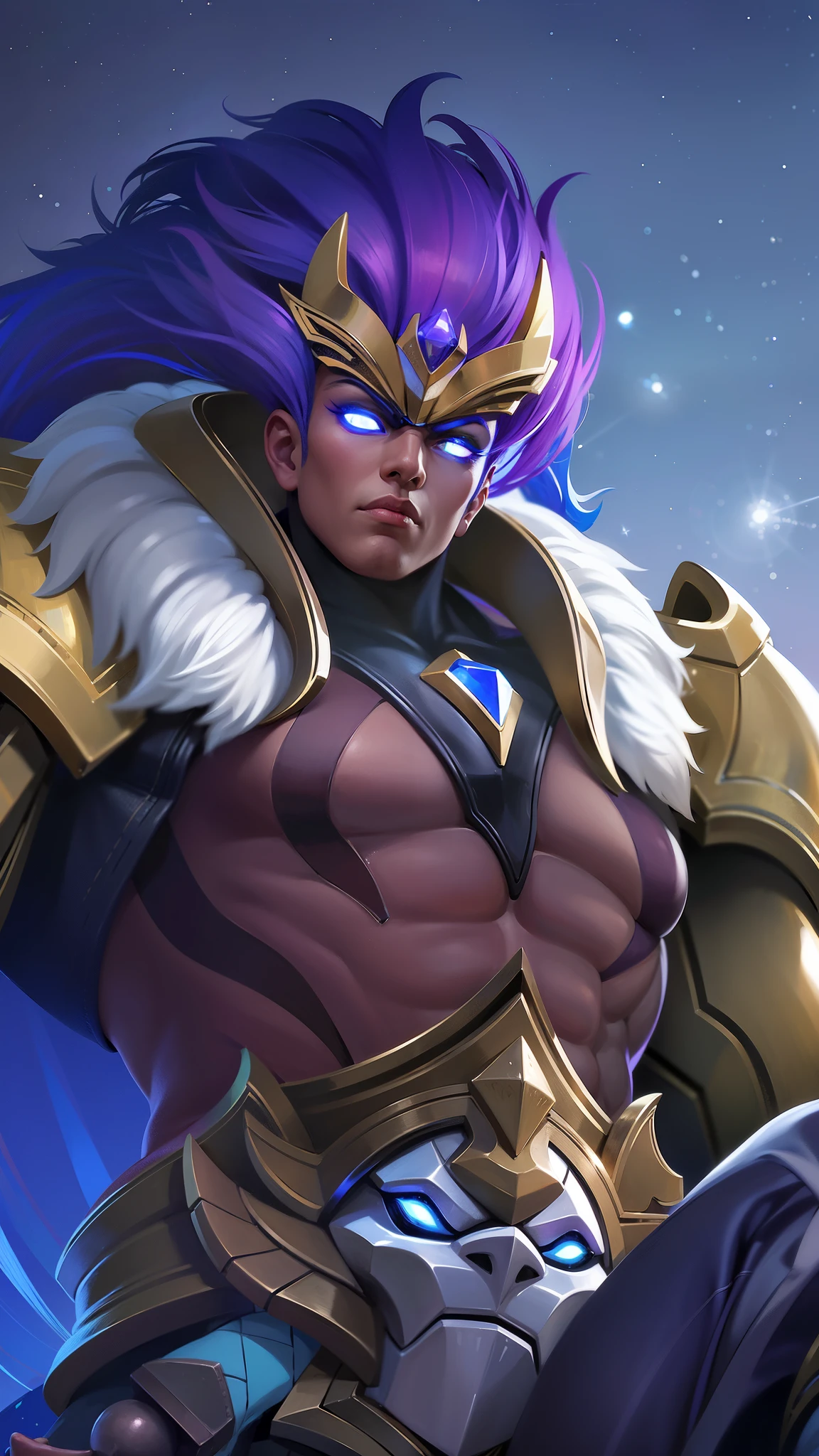 a close up of a male with a purple hair and a gold outfit, Best quality, masterpiece, detailed skin texture, detailed clothes texture, detailed face, super detailed, 8k, intricate detail, The color doesn't change, Muscle guy, 1 male, angry.