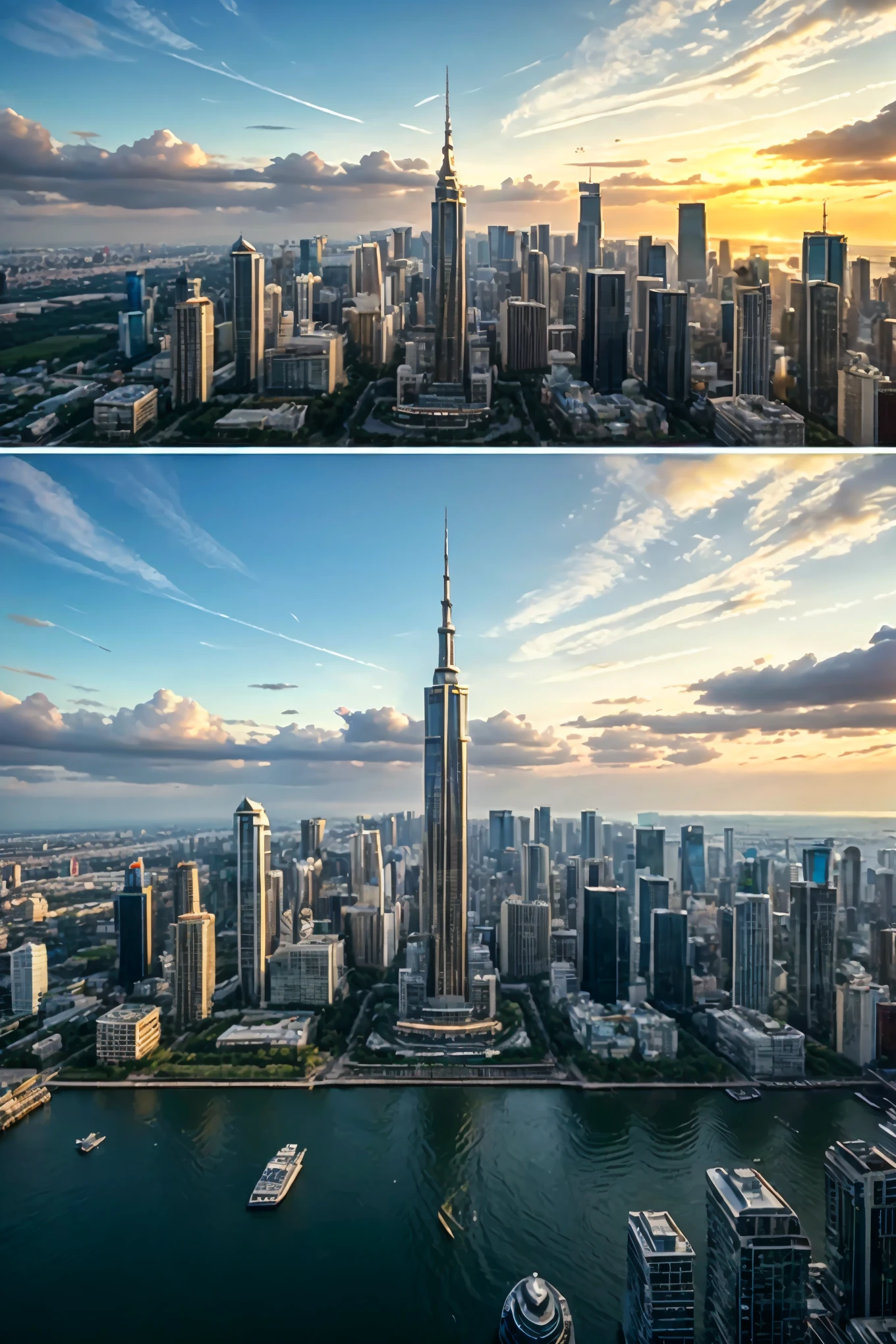 Photo of a metropolitan cityscape, combining the iconic high-rise buildings: Skytree Chengdu Greenland 468, Hangzhou Wangchao Center, Beijing Lize Soho, New York Chrysler Building, and Seattle's TV Tower. This city, named NeoCosmopolis, looks extremely prosperous, highlighted by a myriad of towering skyscrapers that serve as its landmark buildings. The coastline, perhaps the West Lake or the Pacific Ocean, provides a beautiful contrast to the urban metropolis.
(Best quality, Ultra-detailed, Golden ratio, Masterpiece: 1.2)
The cityscape is
