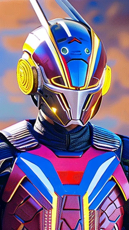 The image shows a cyborg resembling Kamen Rider, a Japanese special effects hero, standing in the center of the screen with round eyes like a dragonfly, a full-face cyber helmet, and highly mobile armor.