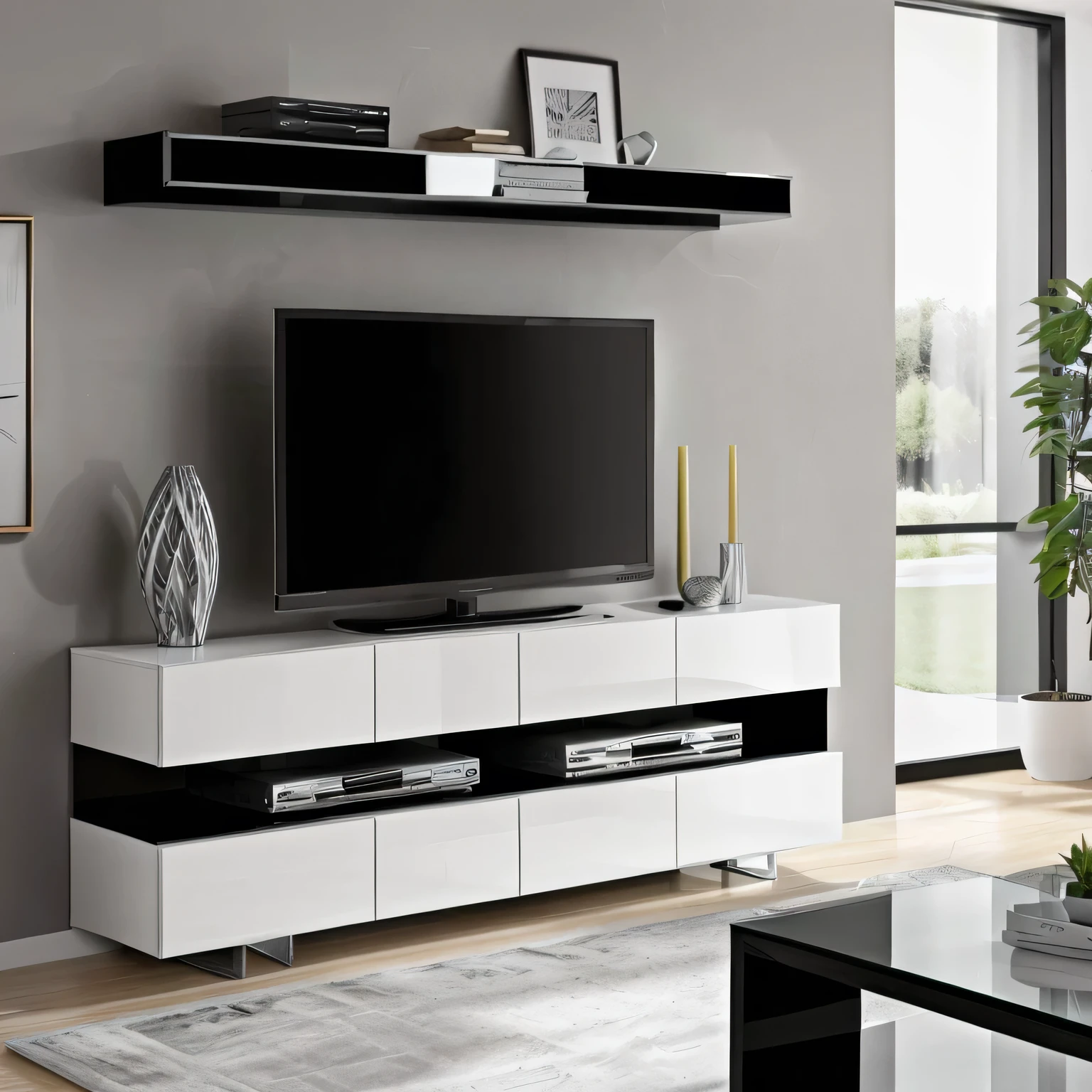there is a television on a stand in a living room, black and white color only, black and white only, full length view, detailed image, 4k”, 4 k ”, -h 704, - h 7 0 4, detailed zoom photo, full subject shown in photo, -h 512, - h 8 0 4, black and white scheme