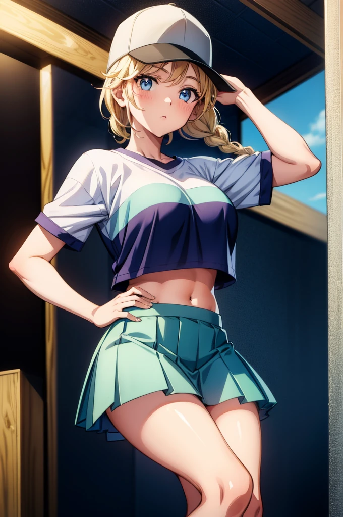 a cartoon character is posing with a baseball cap on and short hair, 1girl, solo, hands on hips, hat, blue eyes, skirt, blonde hair, braid, baseball cap, crop top overhang, twin braids, long hair, crop top, pleated skirt, navel, looking at viewer, midriff, shirt, breasts, white shirt, blush
