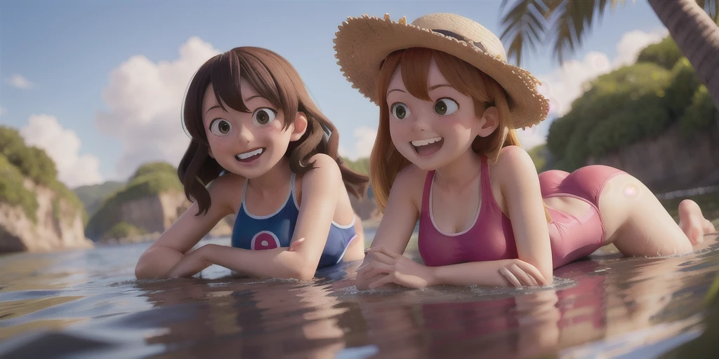 2 girls lying on stomach on the water smiling
One piece swimsuit