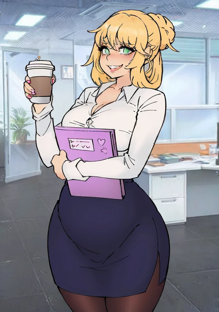 ((art by Kipteitei)), ((Masterpiece, best quality, perfect lighting, amazing shading)), perfect anatomy, field of depth, extremely beautiful, detailed face, ultra cute face, cute, blonde hair, curly wavy hair in messy bun, green eyes, pencil skirt, dress shirt, cute smile, happy expression, (cleavage), blushing, holding coffee and notebook, [belly]. detailed background, (((sfw)))