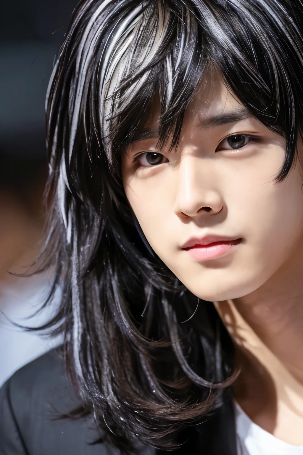(handsome) (fluffy hair) (black hair whith white highlights) (close up) (man) (male) (cute)