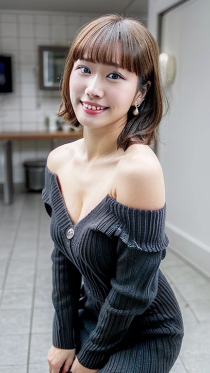 (dynamic angle:1.3, front view:1.1, breast focus:1.3, from below:1.2), (dynamic posing:1.5, sexy posing:1.3, leaning forward), (seductive smiling:1.3),masterpiece, 1girl, (pointed chest:1.3), cleavage:1.1,(double breasted:1.2,under bust:1.2), Amazing Cleavage:1.3, thin waist, big ass, Raised sexy, (small breast: 1.3),posed cleavage:1.2、solo, looking at viewer, open mouth, have a grass of beergrass,black hair, blue eyes, bare shoulders, jewelry, collarbone, sidelocks, hairband, earrings, indoors, (red off shoulder,long sweater dress:1.4), arms behind back, short hair with long locks, blue white hairband, big side hair, very long side hair is rendered in (masterpiece: 1.2, best quality), with (ultra high resolution) and an exquisite (depth of field). This masterpiece is not only visually stunning but also tells,A scene of cooking in the kitchen