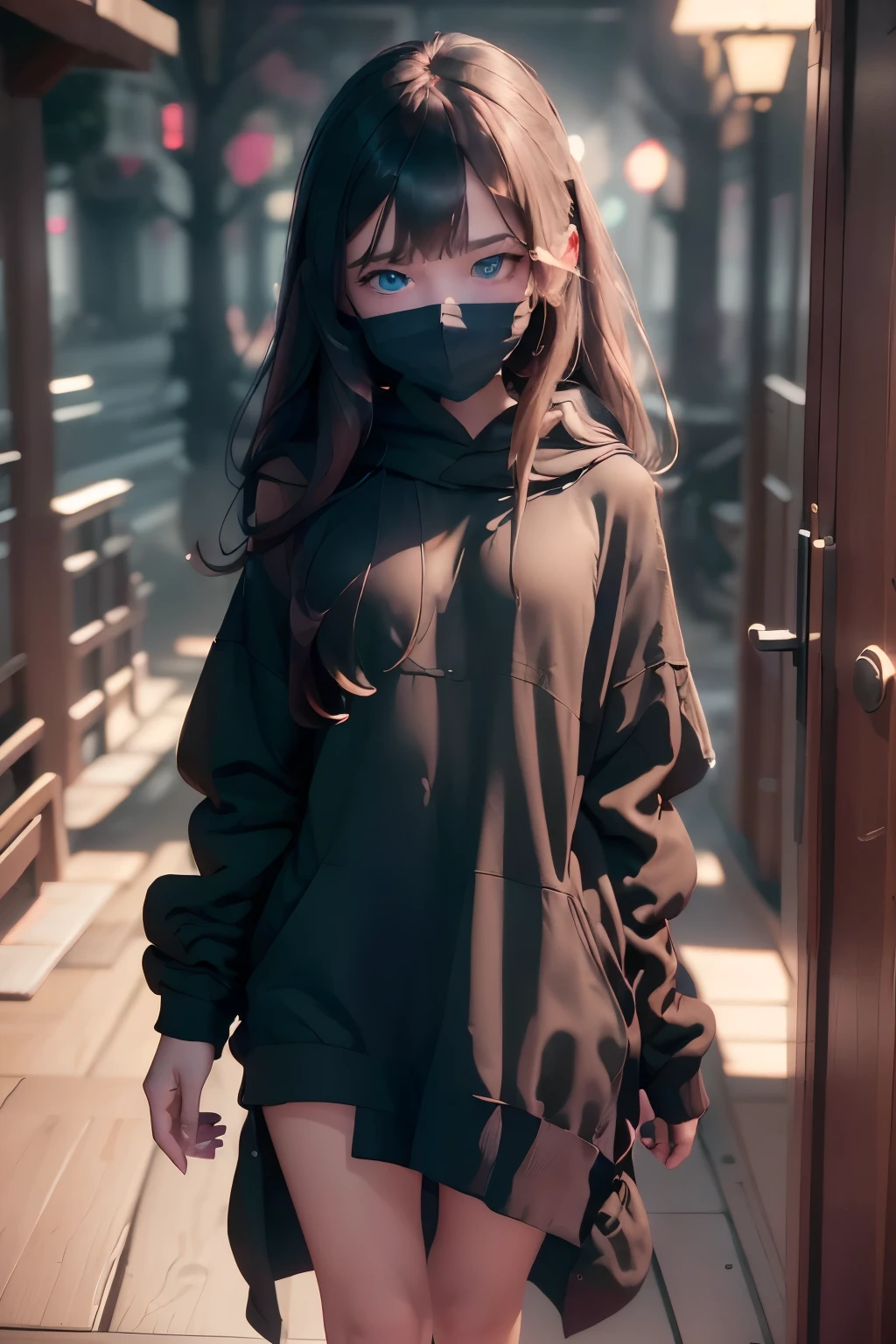 1girl, beautiful 18 year old girl, waering mask, gorgeous blue eyes, cute, petite,happy, standing at doorway, private dark office, dark moody lighting, realistic, photorealistic, 8k, best quality, masterpiece, highly detailed, ultra-detailed, physically-based rendering, vibrant colors, dramatic lighting, cinematic