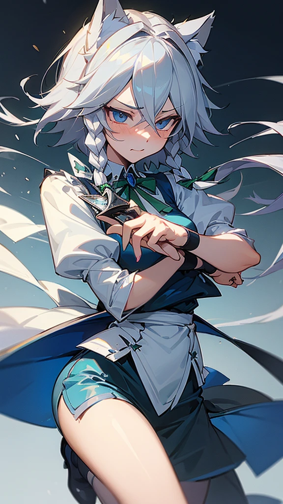 highest quality Neutral face woman I have long hair Odd Eye Gray Hair Sakuya Izayoi beautiful girl Cat ear kind Embarrassed Silver knife Sisters