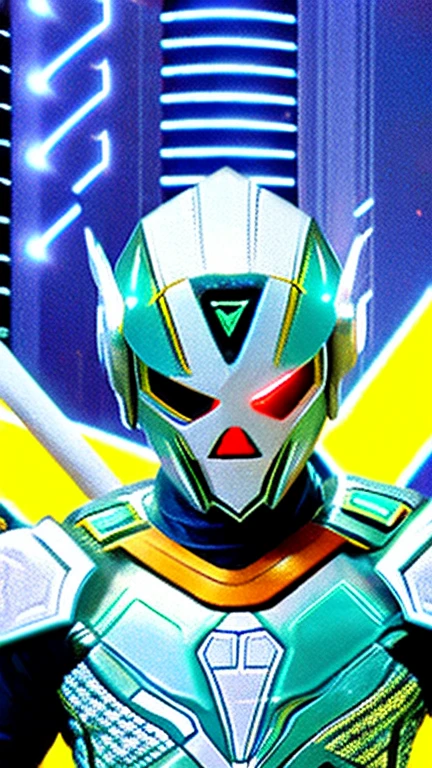 The image shows a cyborg resembling Kamen Rider, a Japanese special effects hero, standing in the center of the screen with round eyes like a dragonfly, a full-face cyber helmet, and highly mobile armor.、Image quality is HD