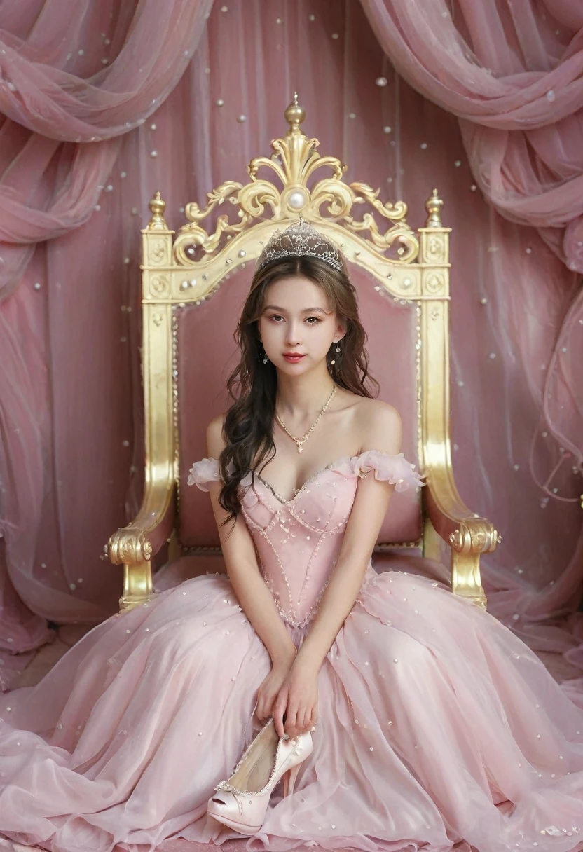 Slavic type woman with blond hair, full body. sitting in a chair against the backdrop of the throne room, cheerful Slavic woman, in a long pink ballgown and stilettos, dress decorated with pearls, tiara with pearls on the head. Russian type of woman. Slavic, with blond hair, plump body.