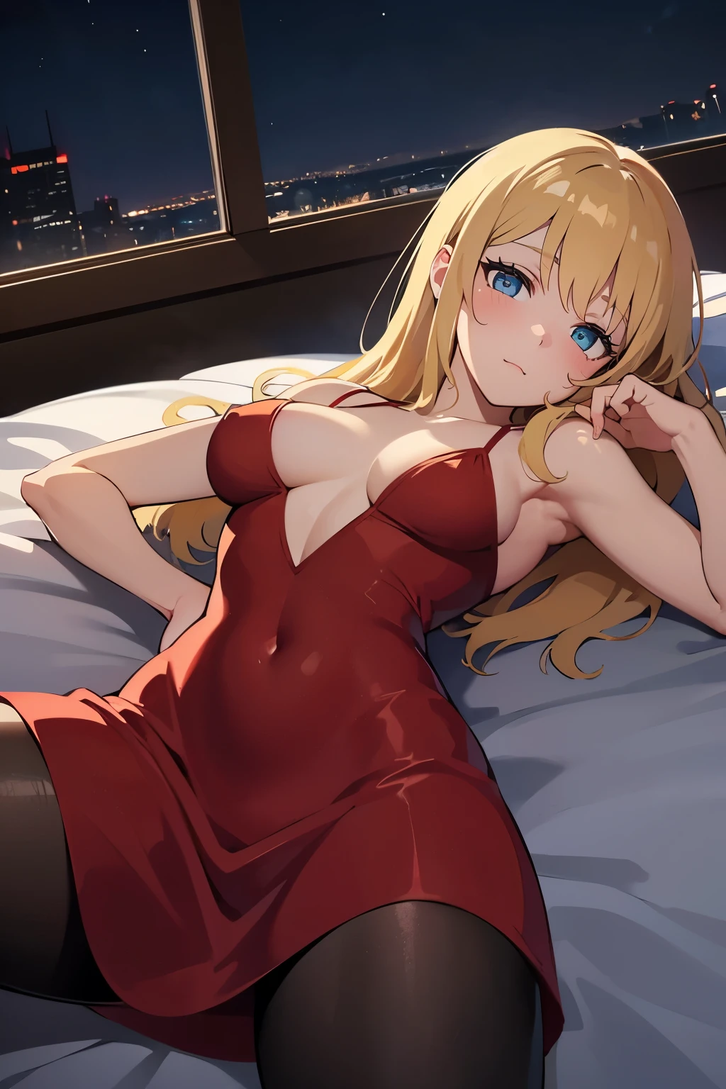 Safe for work, masterpiece, best quality, solo, 1 girl, cute girl, wholesome girl, (young female body:1.4), ( medium breasts), cowboy shot, light blue eyes, yellow golden hair, extra long blonde hair, hime cut, bedroom, lying on bed, dark red dress, short red dress, tight dress, tights,sleveless dress, spreading legs, night time, dark ambience, lying down on back