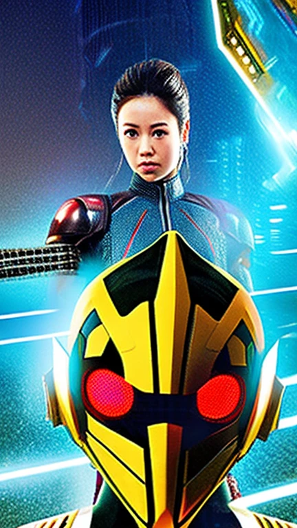 The image shows a cyborg resembling Kamen Rider, a Japanese special effects hero, standing in the center of the screen with round eyes like a dragonfly, a full-face cyber helmet, and highly mobile armor.、Image quality is HD