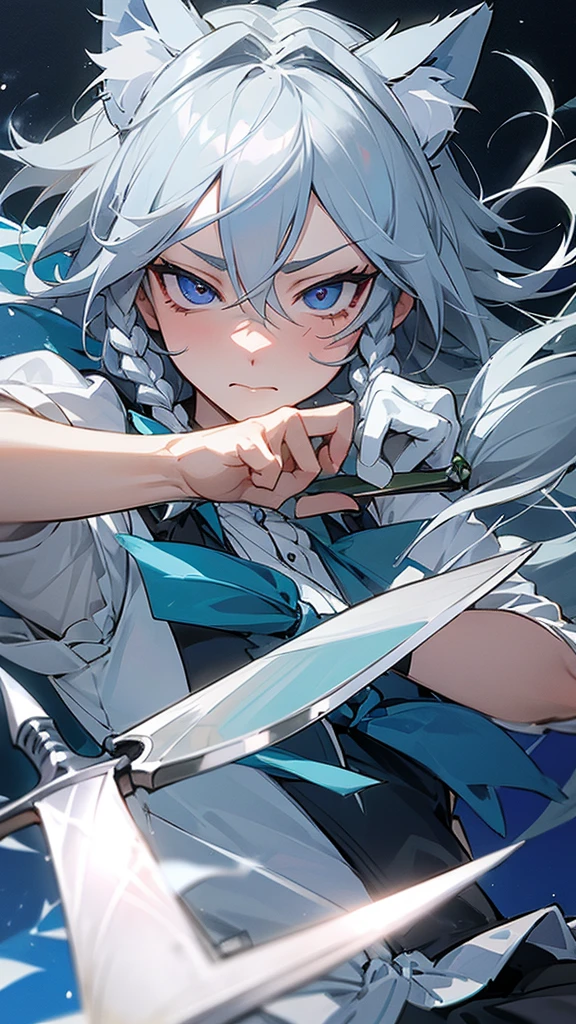 highest quality　Neutral face　woman　I have long hair　Odd Eye　Gray Hair　Sakuya Izayoi　beautiful girl　Cat ear　kind　Embarrassed　Silver knife　Sisters