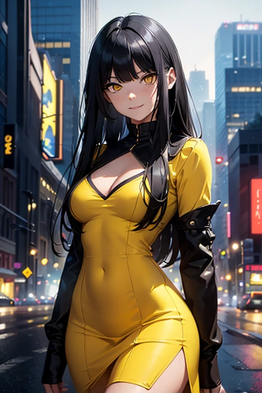 masterpiece (Photo_\\(Medium\\):1.2), (Photorealistic:1.2), Hyper realistic, Photorealism, Woman, Full body, full growth, Black hair, Long hair, Bangs, Yellow eyes, Eyelashes, Creepy grin, Beauty Skin Tight Yellow Dress, Small sized breasts, night city background, symmetry, depth of fields, 8K, VFX, nffsw, nffsw