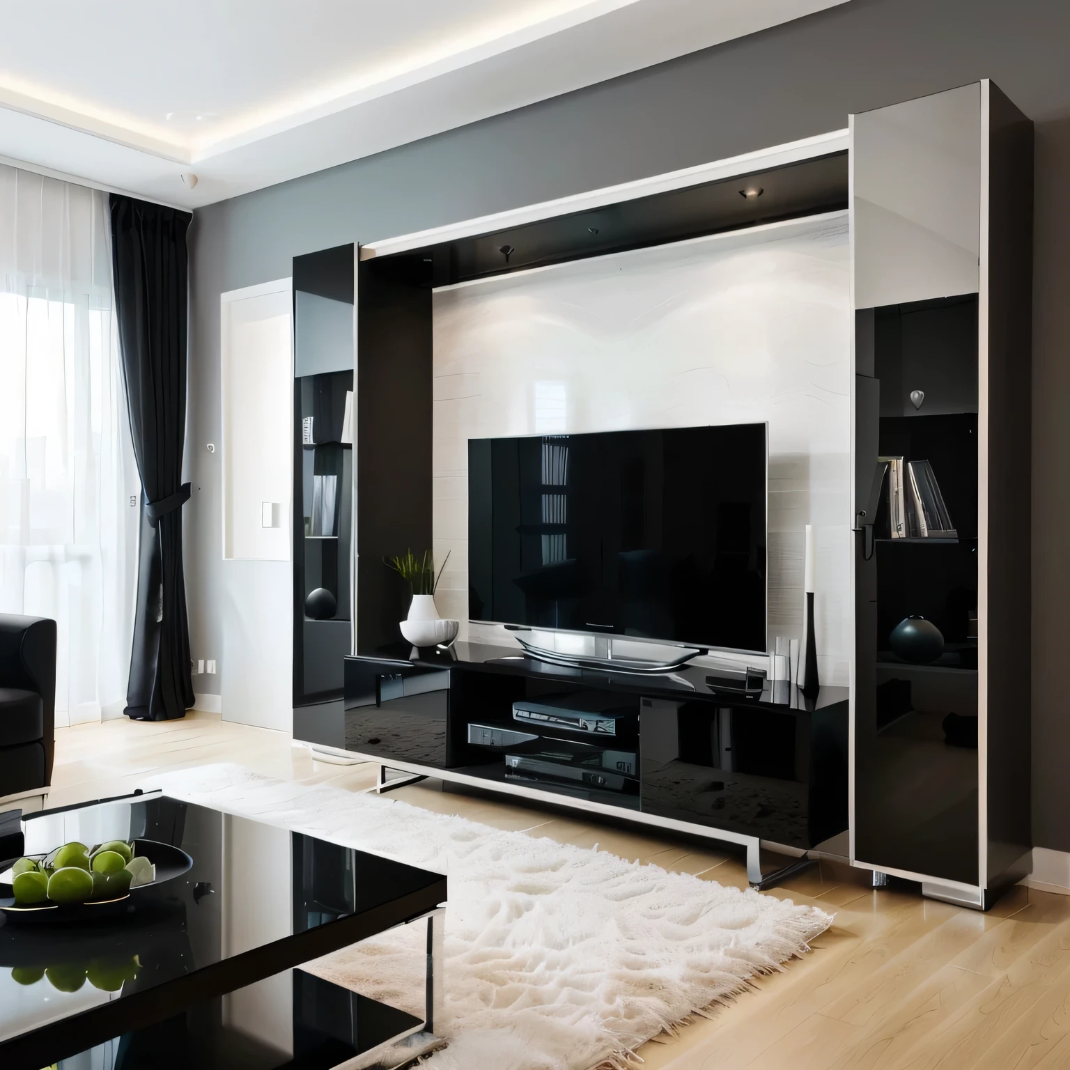 there is a large television on a stand in a living room, elegant minimalism, modern look, modern style, apartment with black walls, modern living room, fresh modern style, sleek black and white, tv, sleek utopian design, minimalist style, black lacquer, black furniture, modern minimalist, simple clean lines, bright modern style, contemporary art style