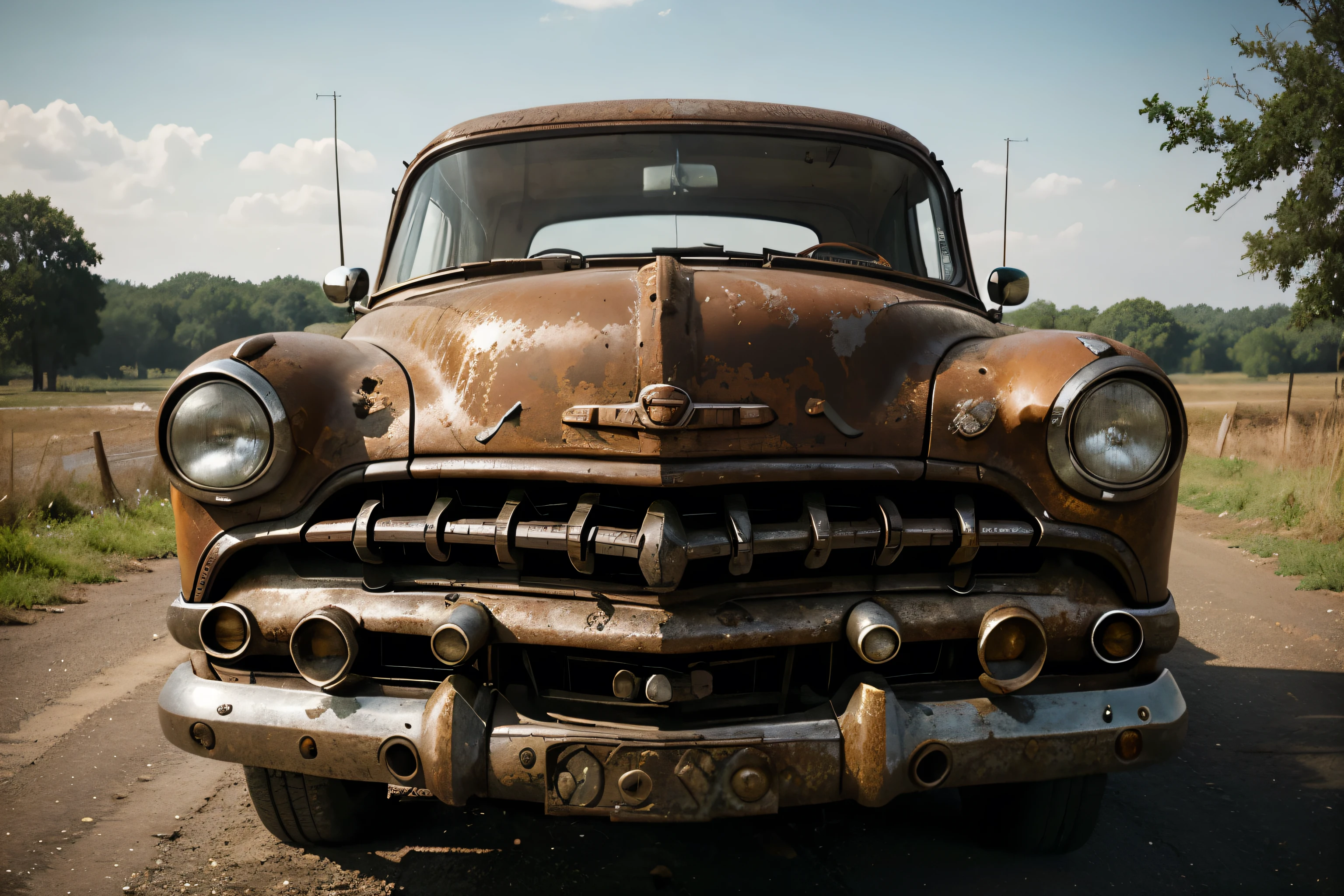 An elegantly rusting vintage car, its weathered exterior a testament to years of use and neglect. The classic curves and lines still hold a sense of timeless beauty, despite the speckles of rust and faded paint. This photograph captures the car's unique character and history, with every detail telling a story of bygone days on the open road. The image is rich in texture, color, and depth, evoking a sense of nostalgia and admiration for the enduring charm of classic automobiles.