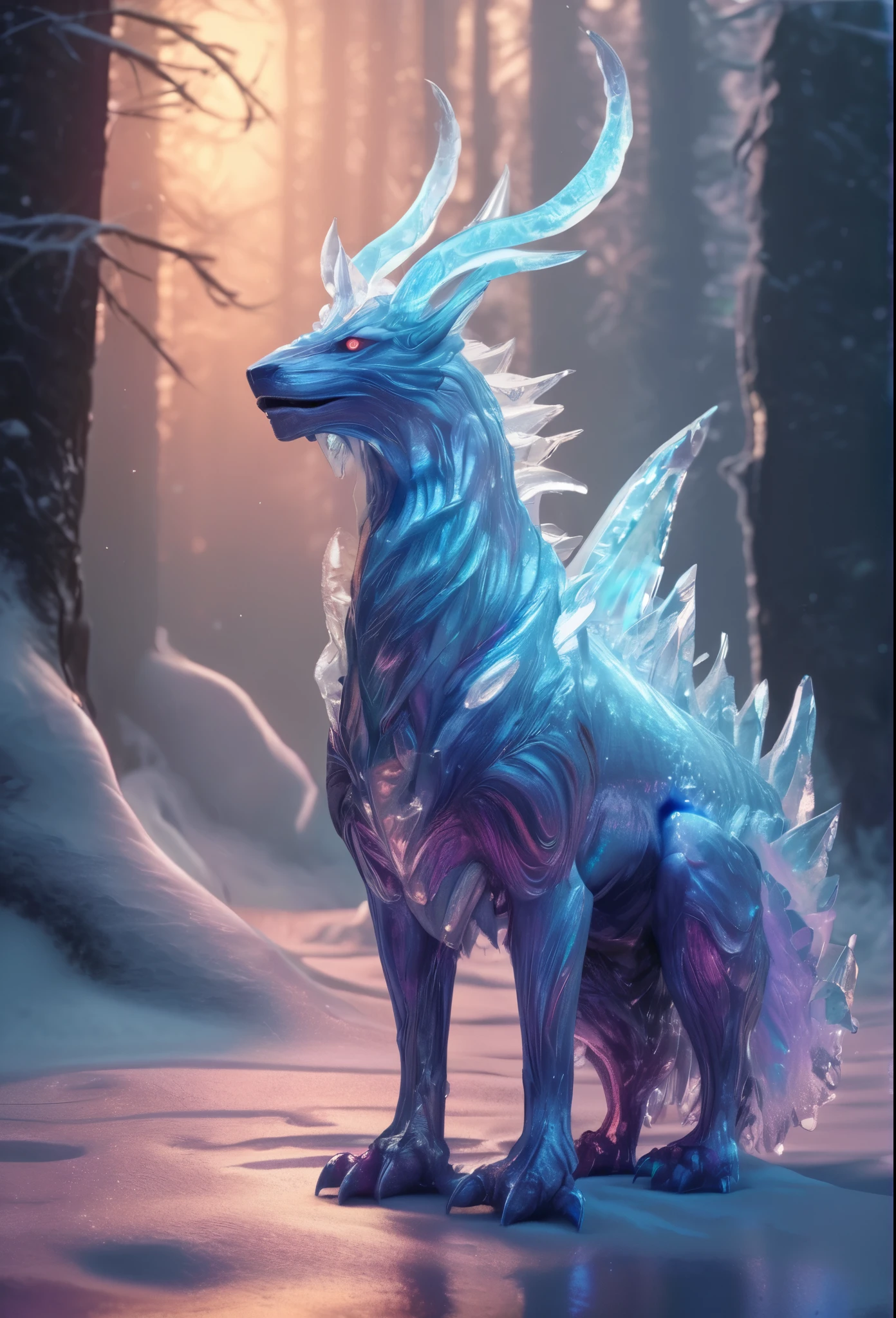 Legendary fantasy Creature, Creature made of ice, mythology, Magical Creature, character concept art, fairyland, surreal epic scene, bright and saturated colors, Ethereal atmosphere, fairy tales, (best quality, masterpiece, Ultra high detail, 8k)