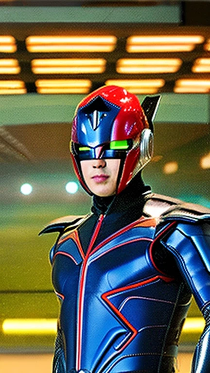 The image shows a cyborg resembling Kamen Rider, a Japanese special effects hero, standing in the center of the screen with round eyes like a dragonfly, a full-face cyber helmet, and highly mobile armor.、Image quality is HD