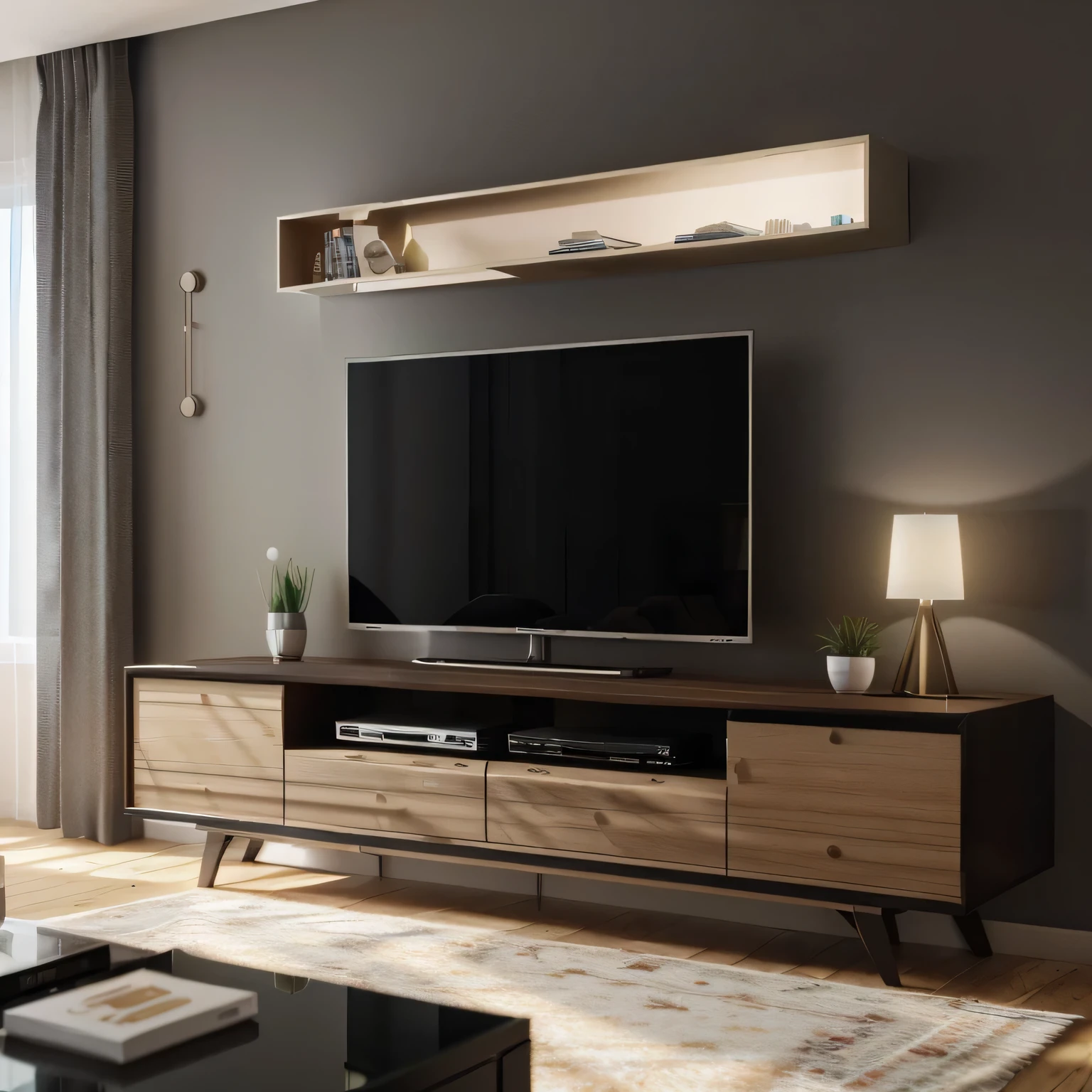 there is a television on a stand in a living room, cartoon style, vray 8k render, rendered in lumion pro, modern style, realistic 8k render, modern look, minimal modern, 8k vray render, modern living room, in style of 3d render, high detail 8 k render, high detail 8k render, 4k render